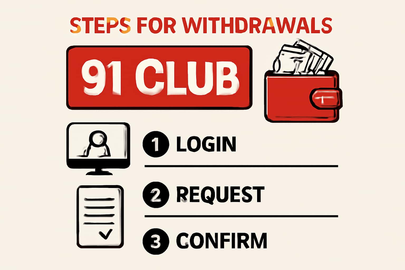 A neutral and informative scene depicting the steps for 91 Club withdrawals with the text '91 Club' prominently displayed.